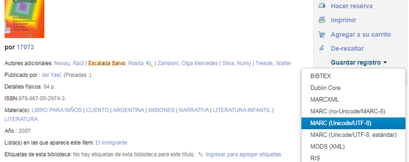 Guardar registro Koha